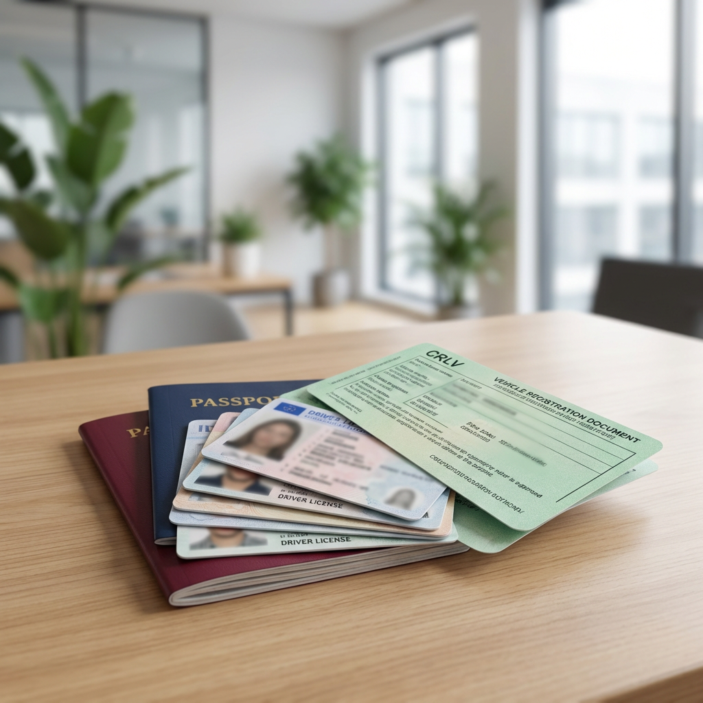 Documentos de veículo incluindo CRLV sobre uma mesa