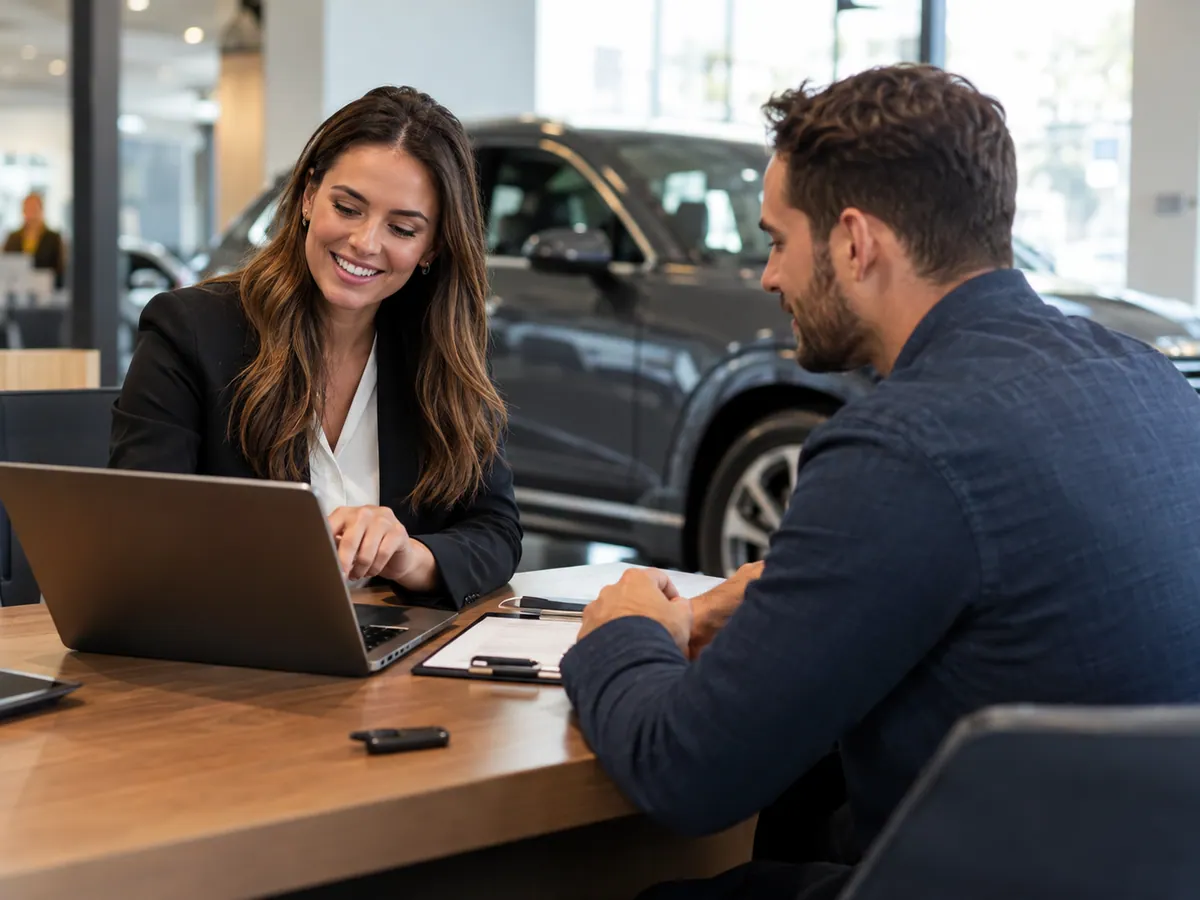 Atendimento consultivo com cliente em revenda utilizando sistema no notebook