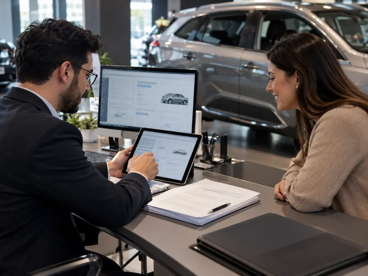 Consultoria comercial com sistema automotivo e veículo ao fundo