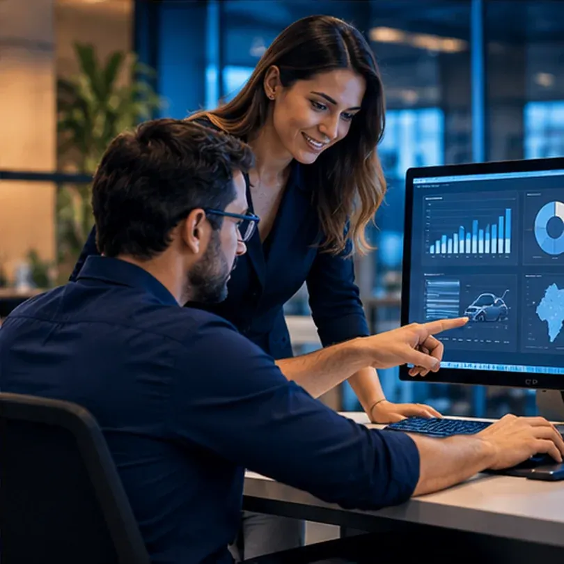 Profissionais analisam indicadores financeiros e gráficos da loja