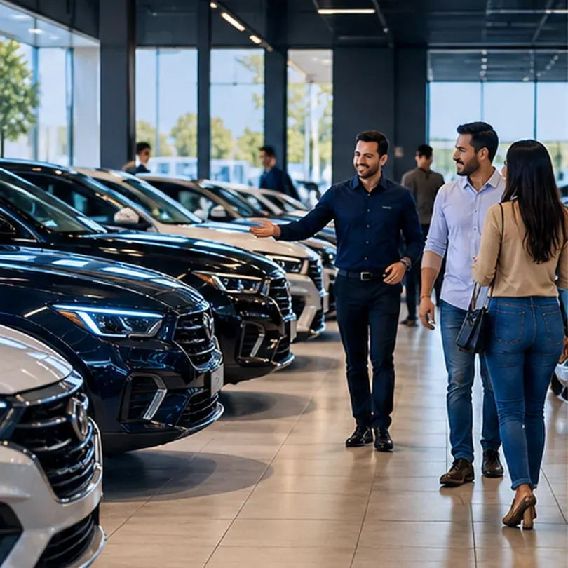 Clientes e consultores em showroom com veículos seminovos
